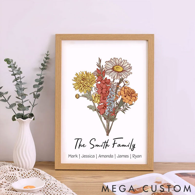 Personalized Family Flower Garden Print, Christmas Gift, Custom Birth Flower Bouquet Wall Art, Our Family Personalized Antique Flower Digital Print