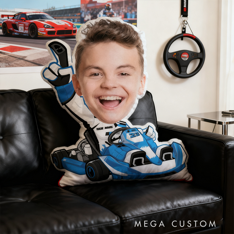 Personalized Kart Racing Custom Face Pillow Custom Name and Color Race Car Driver Shaped Cushion Gift for Kids and Car Lovers