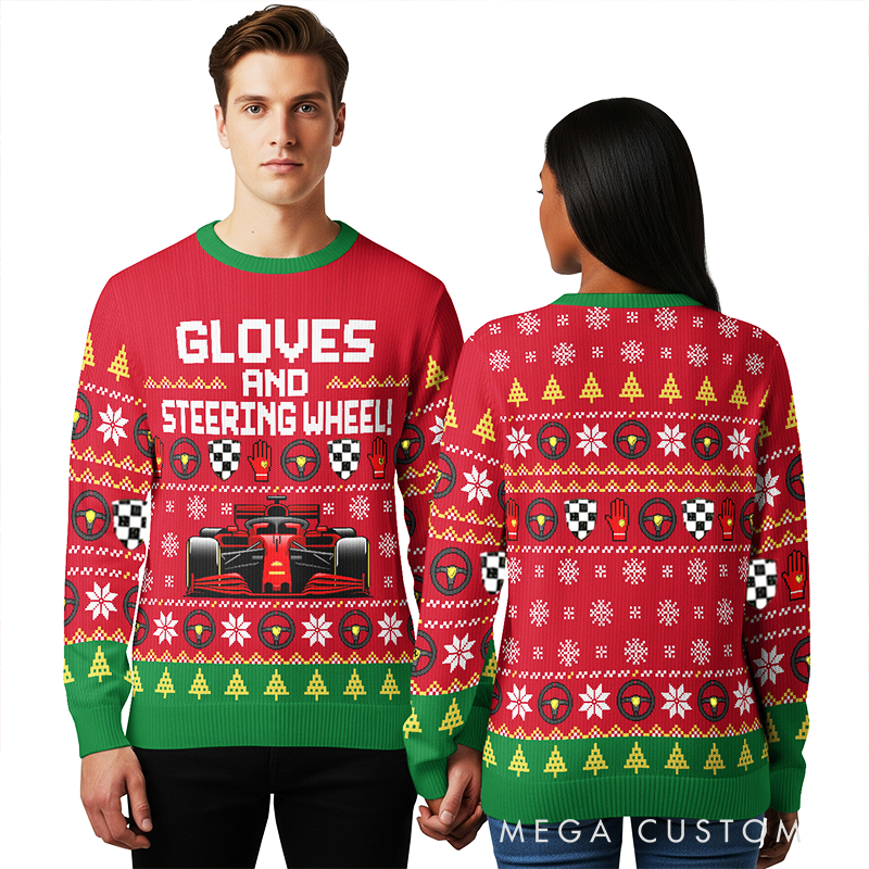 Personalized Christmas Ugly Sweater Racing Car Design Custom Text Sweater Gift for Racers and Racing Lovers