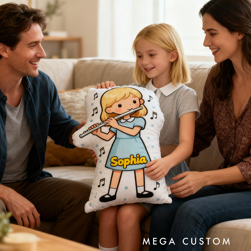 Personalized Flute Pillows with Customizable Skin Tone Hair Color and Name Soft Stuffed Toy for Kids Flute Lovers for Girls' Room and Music Room