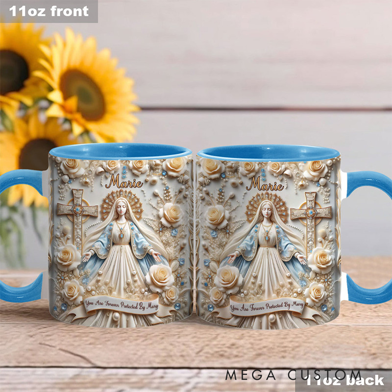 Personalized you are Forever Protected by Mary Ceramic Mug with Name Religious Inspirational Gift Catholic Gift for Women