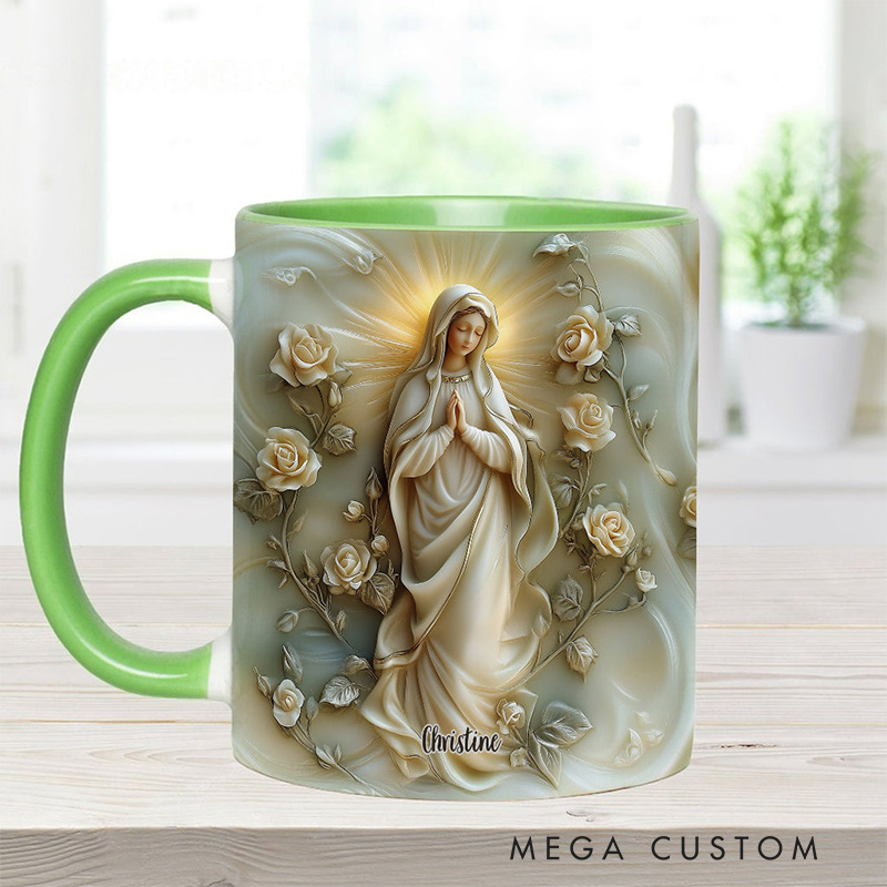 Personalized Virgin Mary Floral Ceramic Mug with Name Religious Inspirational Gift Catholic Gift for Women