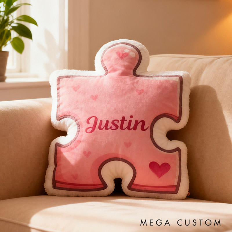 Personalized Girlfriend Pink Heart Puzzle Piece Pillow Custom Wife Name Cushion Valentine's Day Pillow for Husband Wife Christmas Gift for Him Her