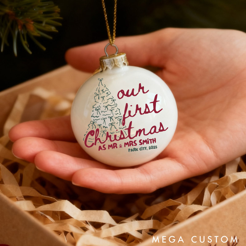 Personalized Our First Christmas as Mr and Mrs Christmas Ball Ornament Newlyweds Couple Tree Bow Married Xmas Ornament Christmas Gift for Him Her