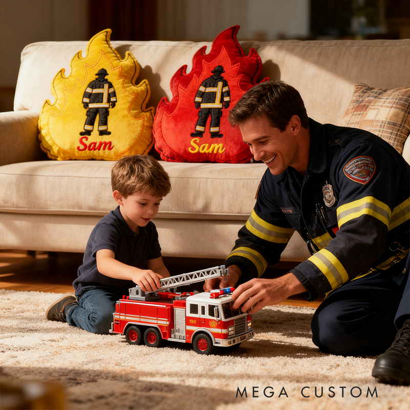 Personalized Firefighter Flame Pillow Custom Name and Color Fire Shape Cushion Gift for Firefighter Families