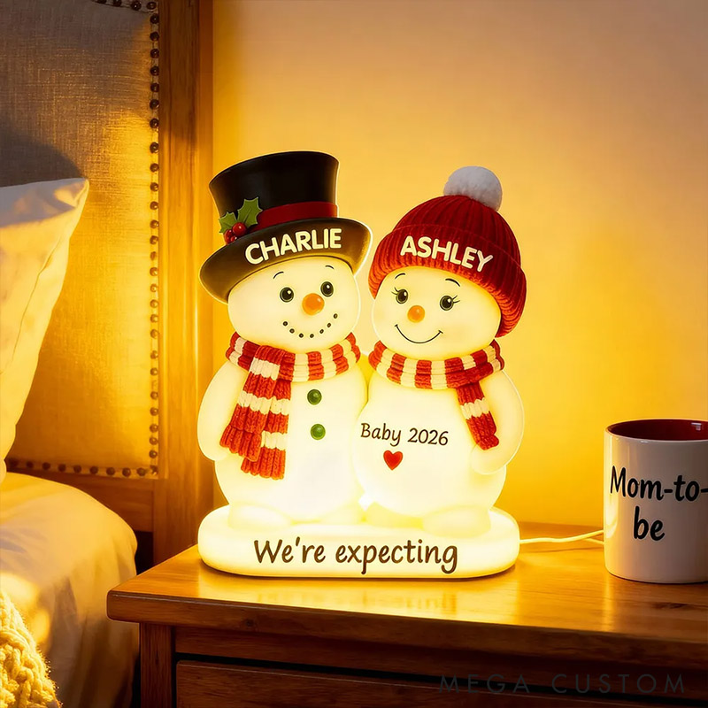 Personalized Couple Snowman Parents We're Expecting Pregnancy Baby Arriving Light Box Custom Night Light Decor Our First Christmas Gift for Him Her
