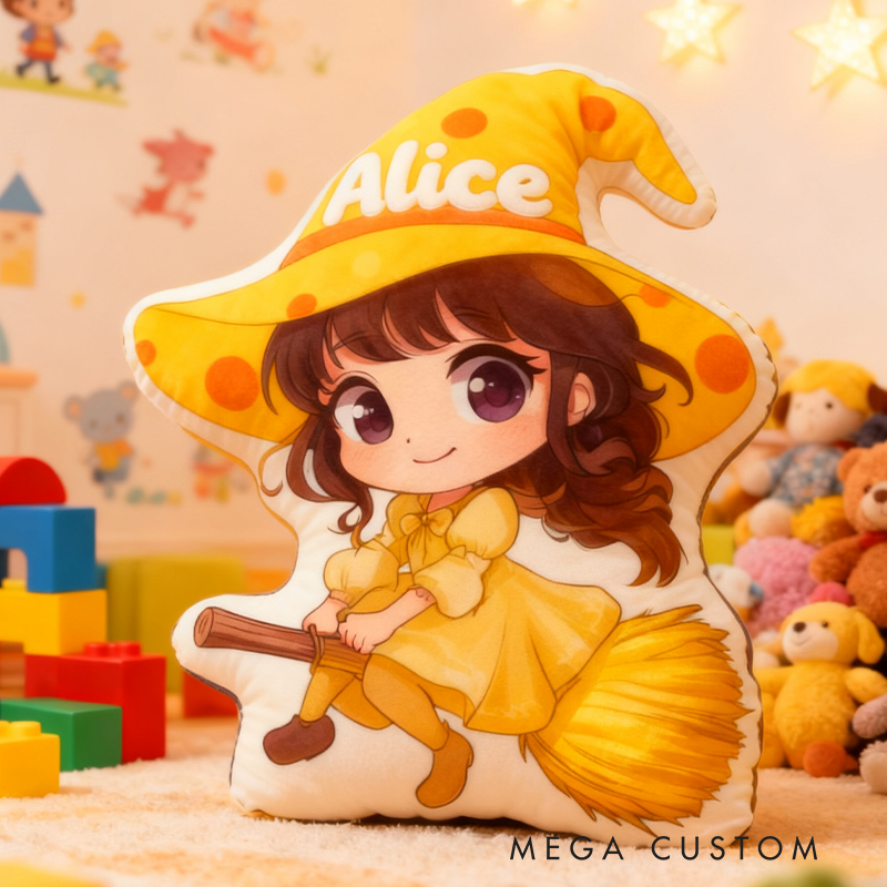 Personalized Graphic 3D Print Magic Witch Pillow with Your Name Soft Stuffed Toy for Kids Unique Decorative Cushion for Girls' Room