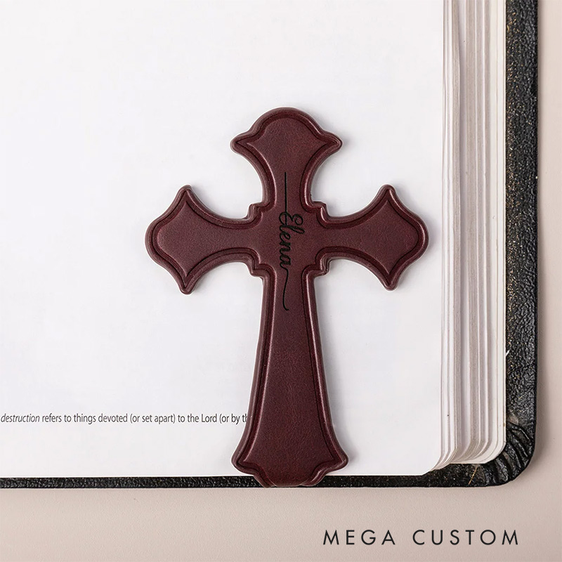 Personalized Cross Monogram Magnetic PU Leather Bookmark Clip with Engraved Name Religious Gift for Christians