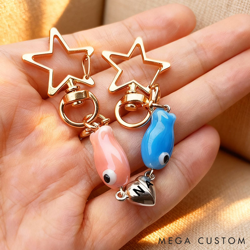 Personalized Couple Magnetic Matching Fish Keychain Set Custom Initials Ceramic Phone Bag Charm Valentine's Day Gift for Him Her Boyfriend Girlfriend