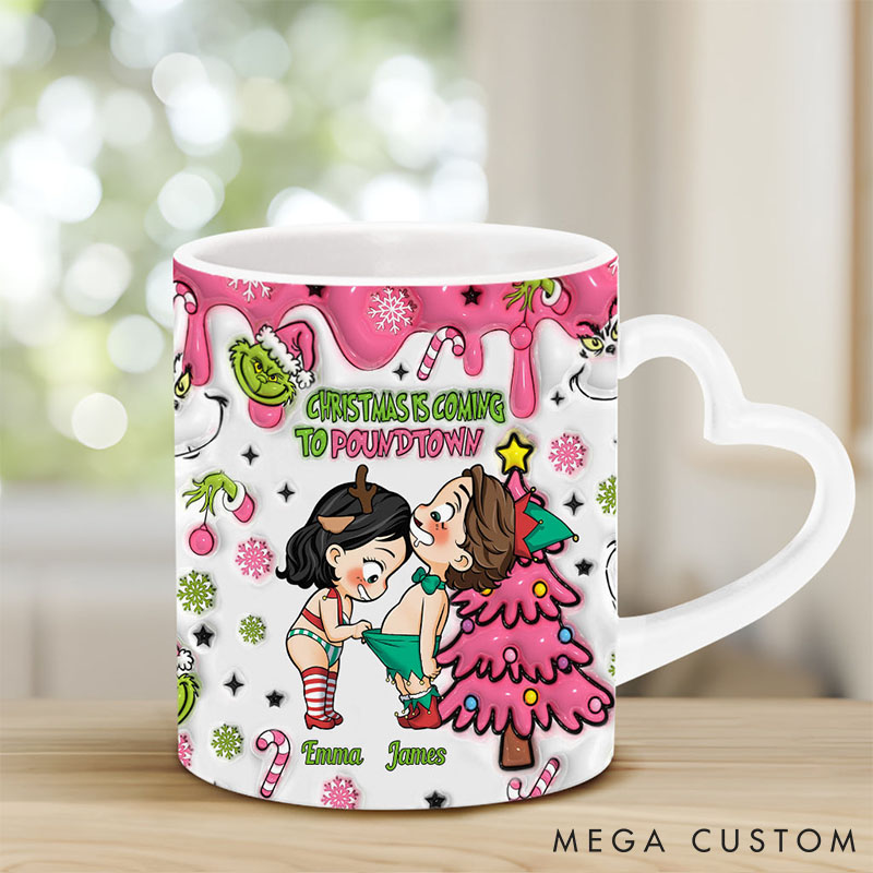 Personalized Couple Christmas Is Coming Ceramic Mug Custom Cute Couple Sex Heart Handle Mug Christmas Gift for Him Her Boyfriend Girlfriend