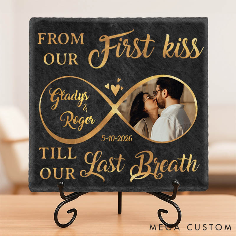 Personalized Couple Photo From Our First Kiss Till Our Last Breath Heart and Square Shaped Stone with Stand First Christmas Gift Valentine's Day Gift