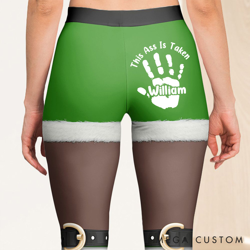 Personalized Funny Girlfriend Wife This Ass Belongs To Boyfriend Husband Leggings Woman Christmas Elf Leggings with Man Name Christmas Gift for Her