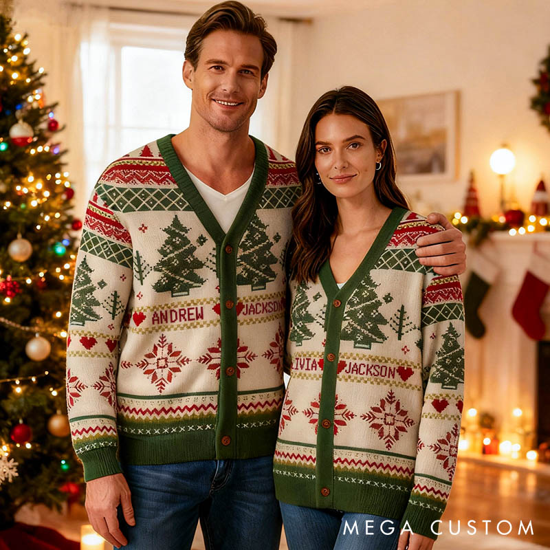 Personalized Couple Vintage Christmas Tree and Snowflakes Christmas Cardigan Sweater Newlyweds Matching Ugly Sweater Cozy Christmas Outfit for Him Her