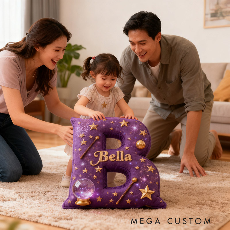 Personalized Magic Letter Pillow Decorated with Magic Ball Magic Wand Stars Graphic 3D Print Pillow for Kids and Magic Lovers