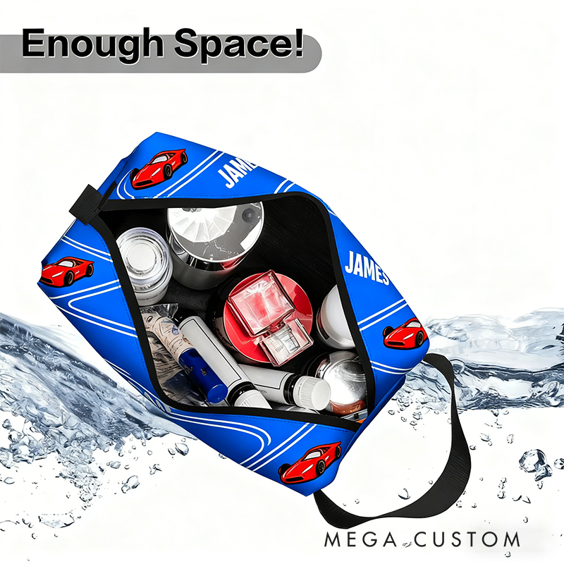 Personalized Racing Theme Toiletry Bag Custom Name Waterproof Travel Pouch with Car Print Multi Color Gifts