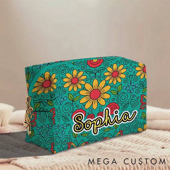 Personalized Multicolored Bright Sunflower Toiletry Bag Custom Name for Kids Travel Gifts and Daily Use