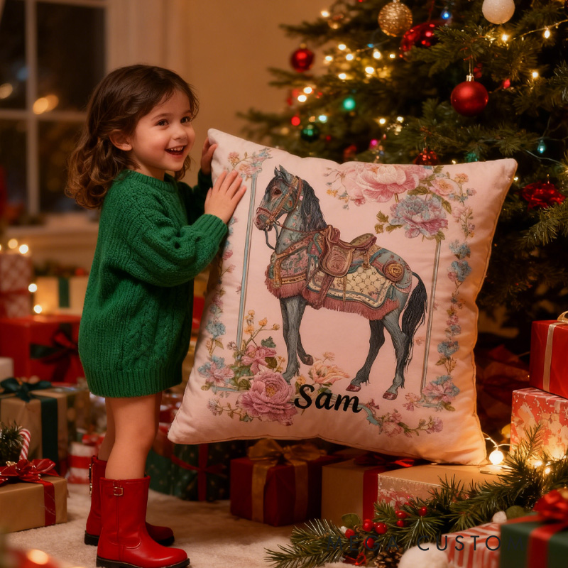 Personalized Riding Floral Horse Pillow Floral Horse Custom Name Festive Flower Decor with French Countryside Gifts for Family Graphic 3D Print Riding Lovers