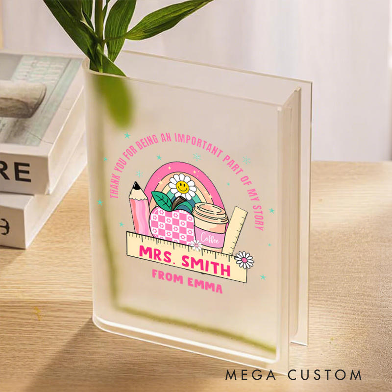 Personalized Book Vase for Teacher Cute Rainbow Apple Design Desk Decor Teacher Appreciation Gift