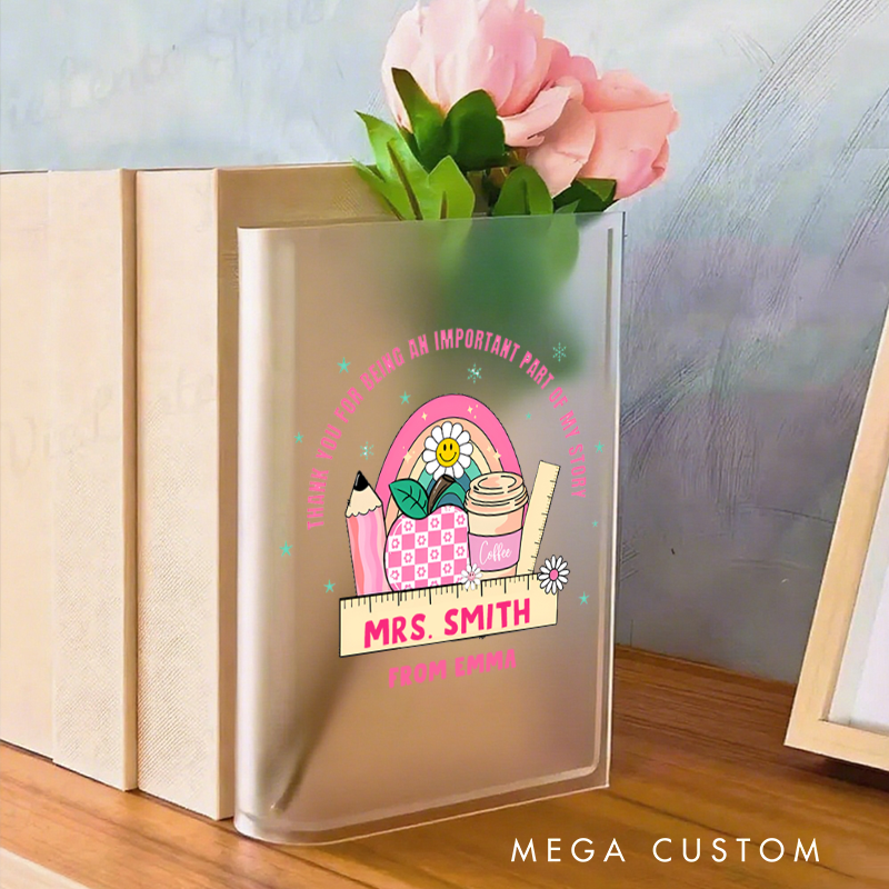 Personalized Book Vase for Teacher Cute Rainbow Apple Design Desk Decor Teacher Appreciation Gift