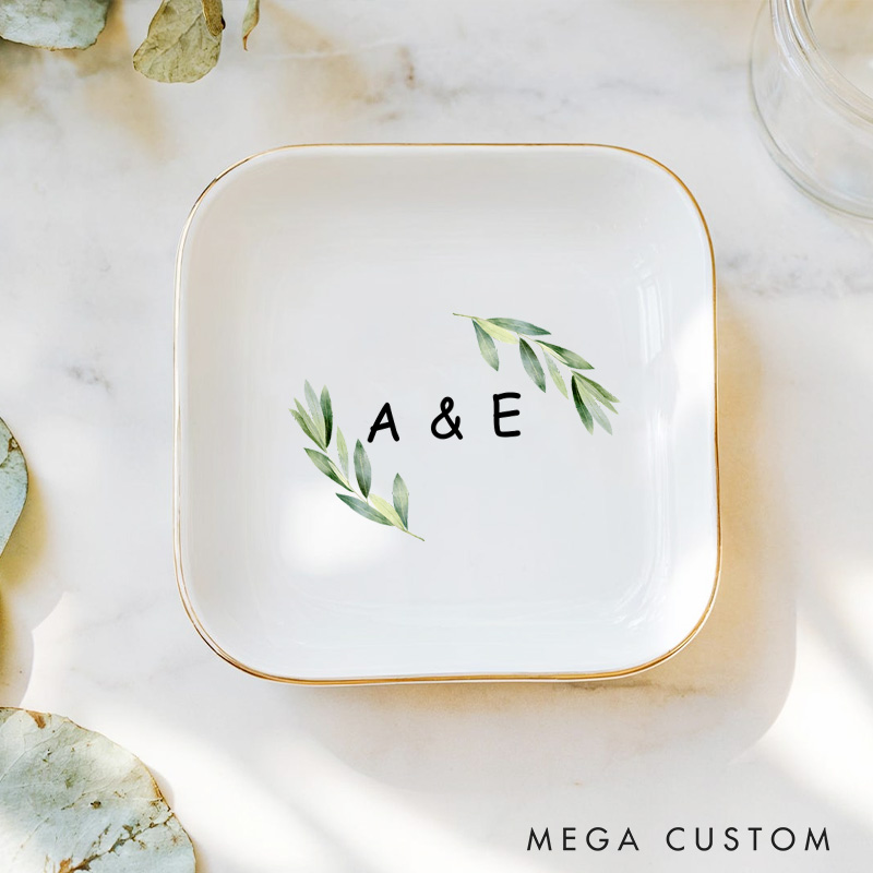 Personalized Watercolor Leafy Branches with Initials Wedding Engagement Gold-Trimmed Ring Dishes