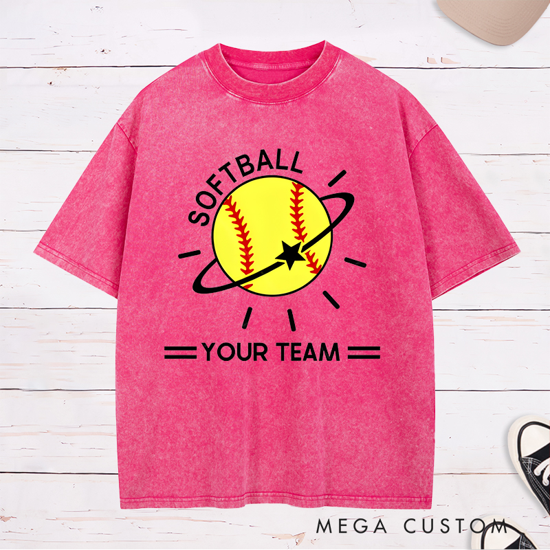 Personalized Softball Team Washed T-Shirt Design Featuring Customizable Team Name Vibrant Softball Graphic with Orbiting Star and Radiating Lines