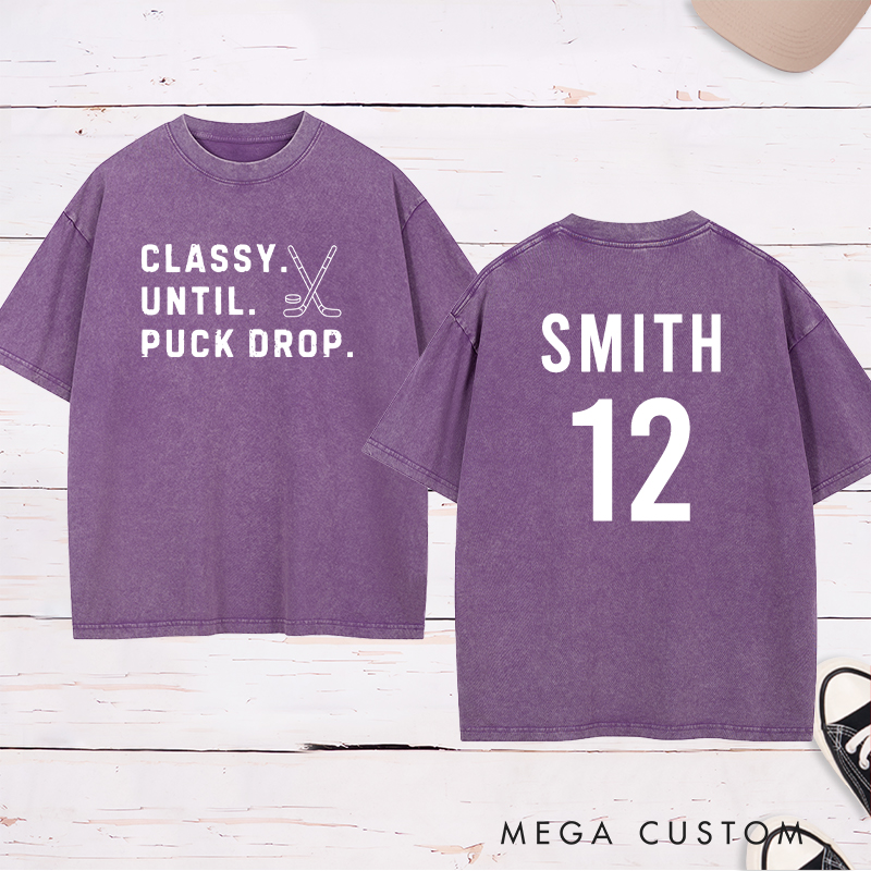 Personalized "Classy Until Puck Drop" Hockey Washed T-Shirt with Custom Name and Number