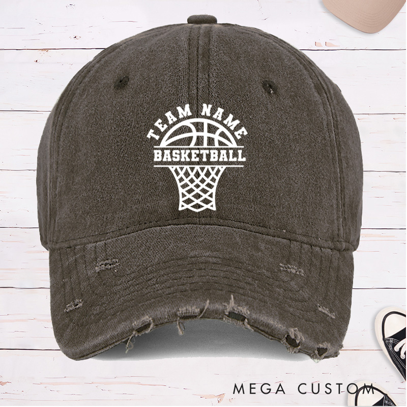 [Copy]Personalized Distressed Denim Basketball Cap with Custom Team Name Mascot and Heart Basketball Graphic Design