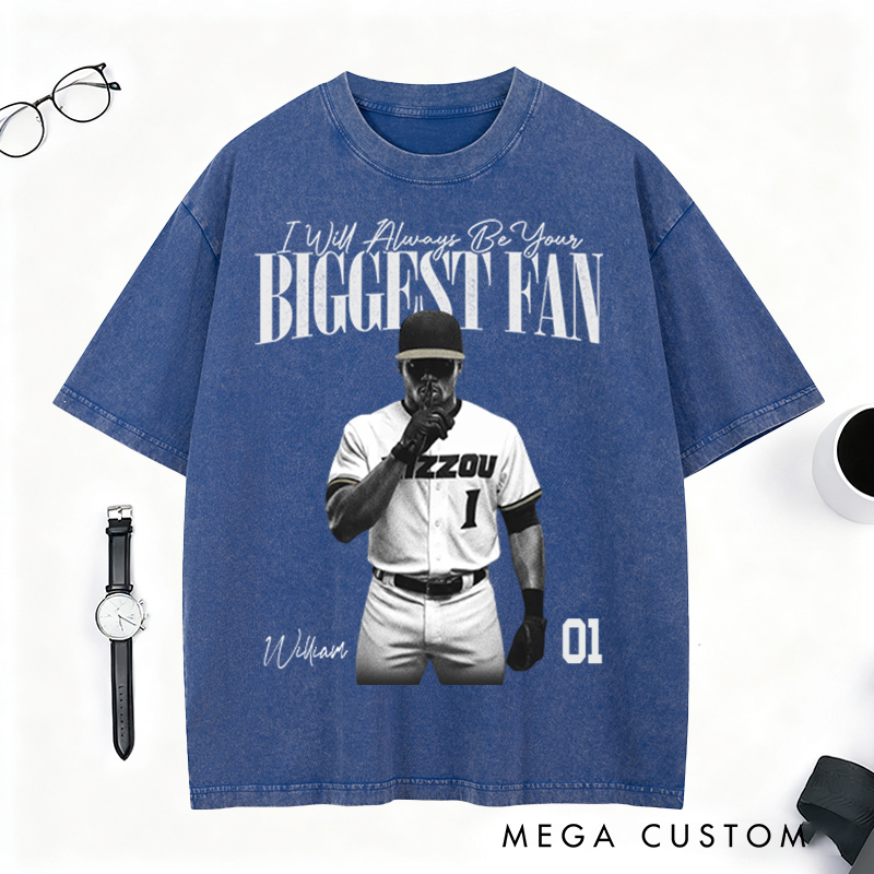 Personalized Biggest Fan Washed T-Shirt with Player Image and Name Customization