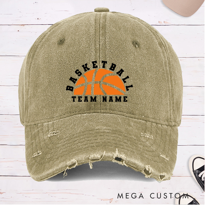 Personalized Distressed Denim Basketball Cap with Custom Team Name and Basketball Graphic Design