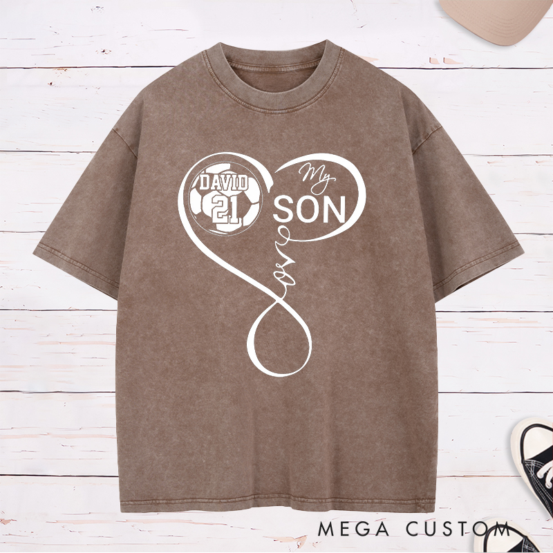 Personalized "My Son" Soccer Washed T-Shirt with Heart Design and Custom Name and Number