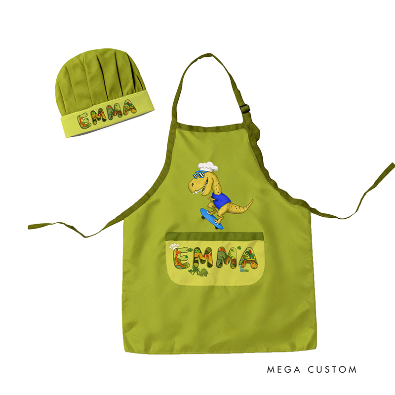 Personalized Dinosaur Chef Adventure Adjustable Kid Apron Chef Hat Set with Pocket and Name for Cooking Baking Birthday Holiday Gift for Kids