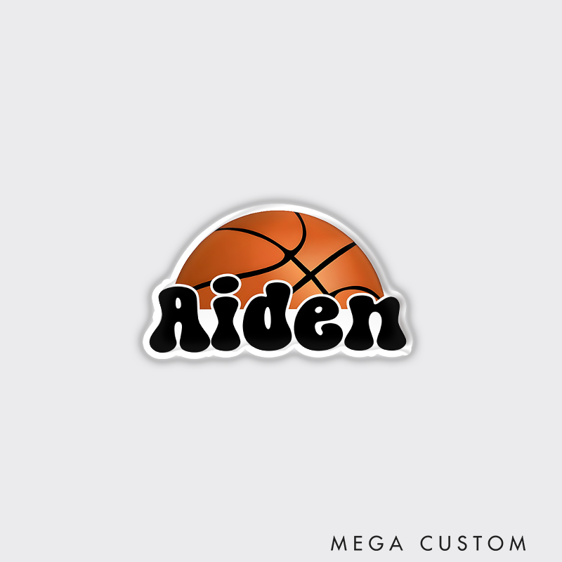 Personalized Basketball Refrigerator Magnet with Custom Name Bold Font Design and Half Basketball Graphic