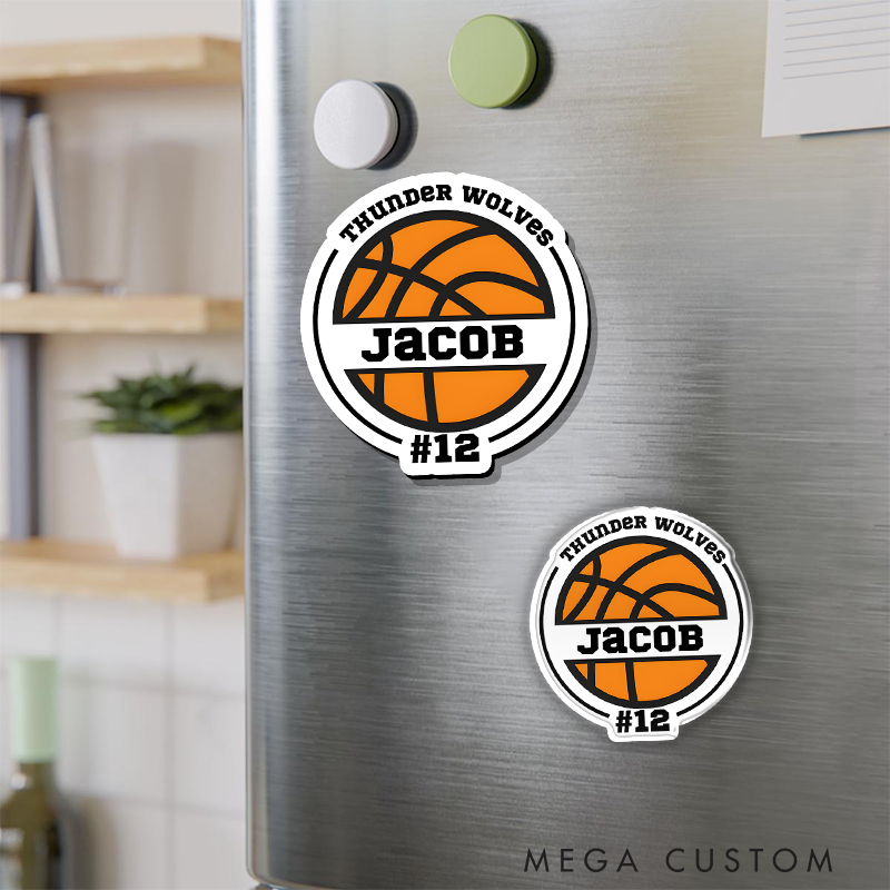 Personalized Basketball Refrigerator Magnet with Custom Name Jersey Number Team Name and Classic Basketball Design