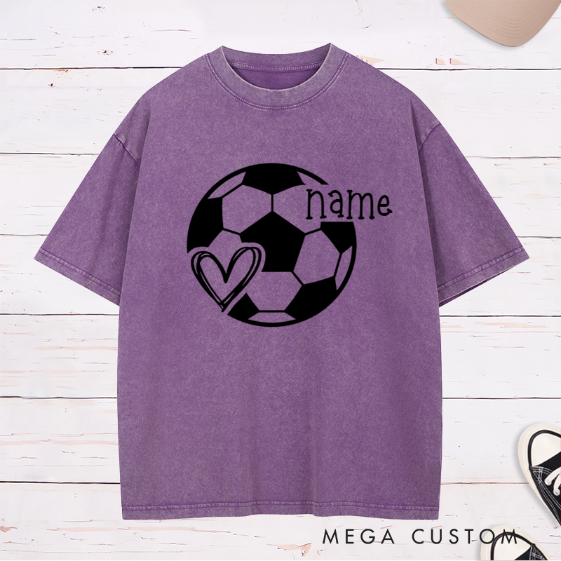 Personalized Soccer Heart Washed T-Shirt with Custom Name Design