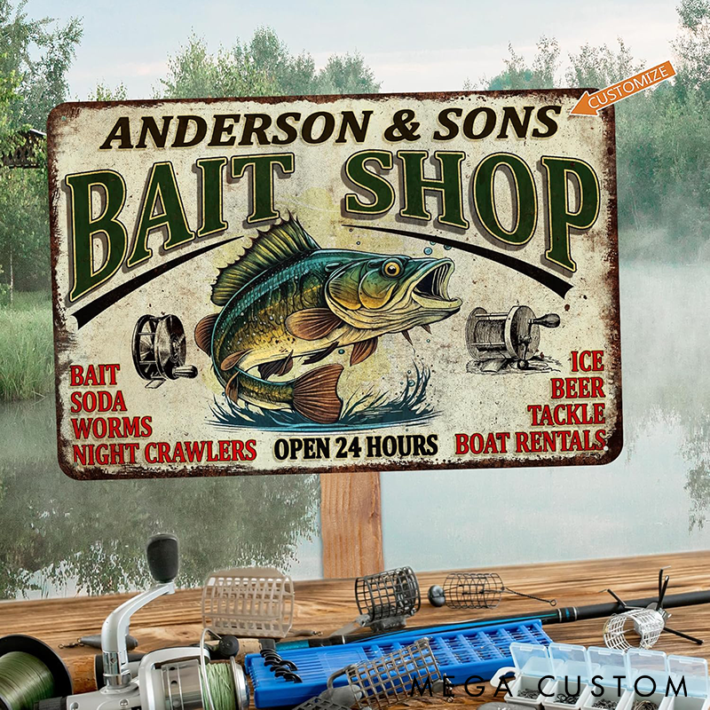 Personalized Bait Shop Metal Sign Custom Text Vintage Fishing Decor  Perfect for Man Cave Tackle Shop or Fishing Enthusiast Gift