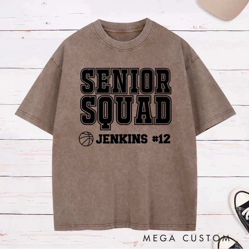 Personalized Washed T-Shirt Design Featuring "Senior Squad" Basketball Graphic with Customizable Name and Number for a Bold and Team-Spirited Look