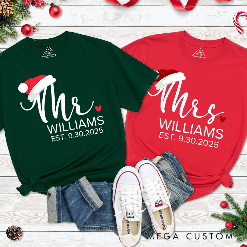 Personalized Couple Elegant Mr. and Mrs. with Santa Hats Christmas T-Shirt Couple Xmas Matching T-Shirt for Husband Wife Boyfriend Girlfriend Tee Tops