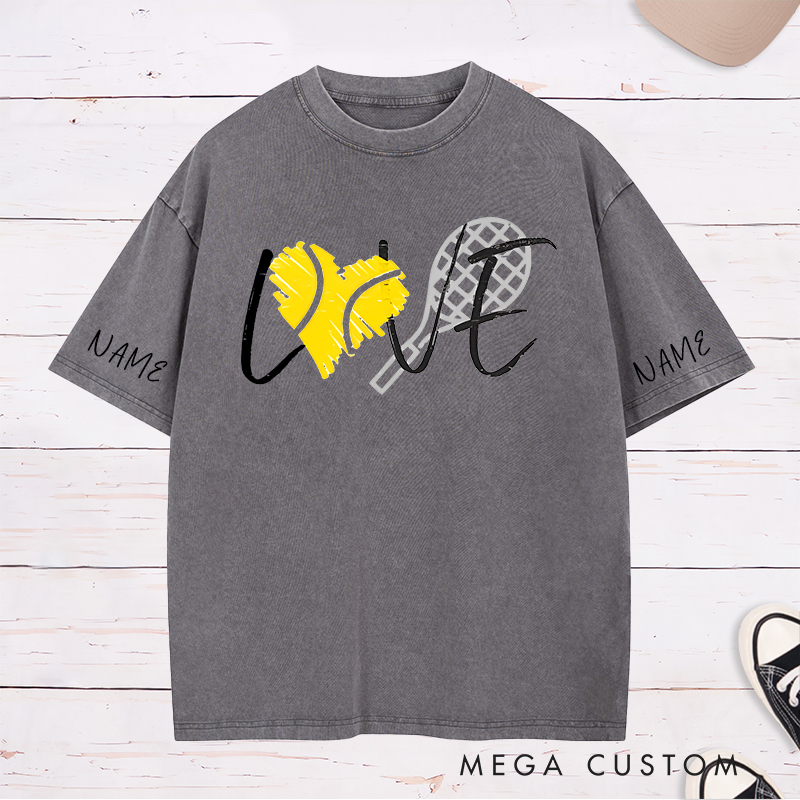Personalized Tennis Love Washed T-Shirt with Heart and Racket Design and Custom Name