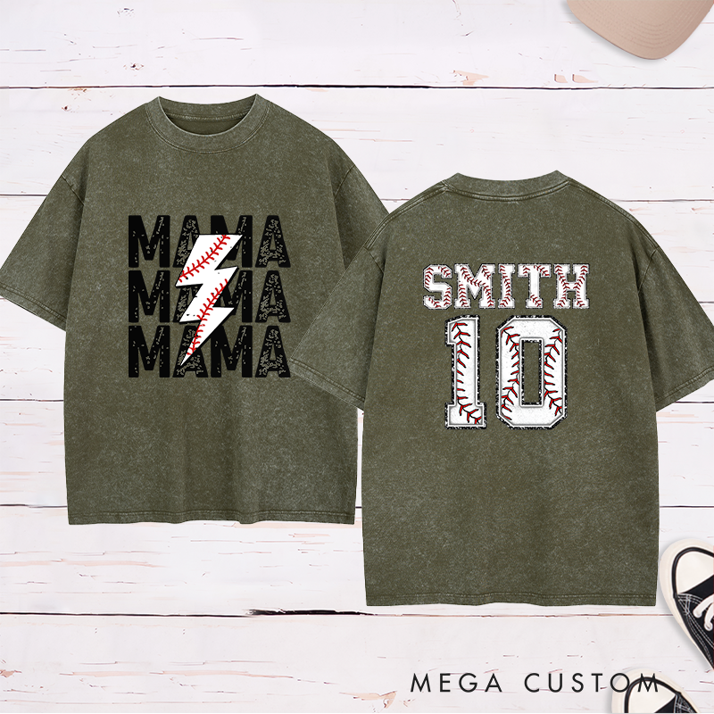 Personalized Baseball Mama Washed T-Shirt with Custom Name and Number