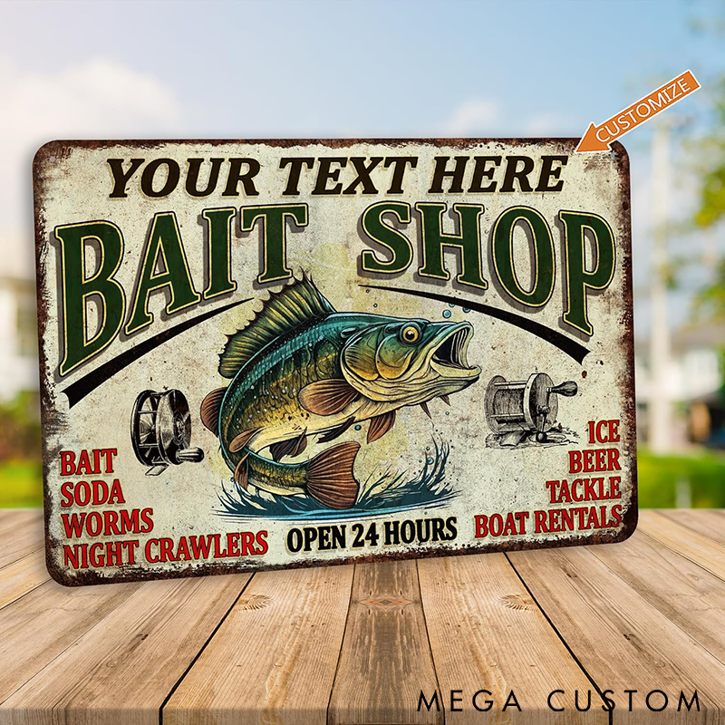 Personalized Bait Shop Metal Sign Custom Text Vintage Fishing Decor  Perfect for Man Cave Tackle Shop or Fishing Enthusiast Gift
