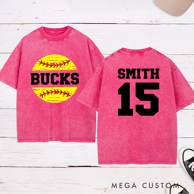 Personalized Softball Team Washed T-Shirt Design Featuring Custom Team Name Player Name and Number with Bright Softball Graphic