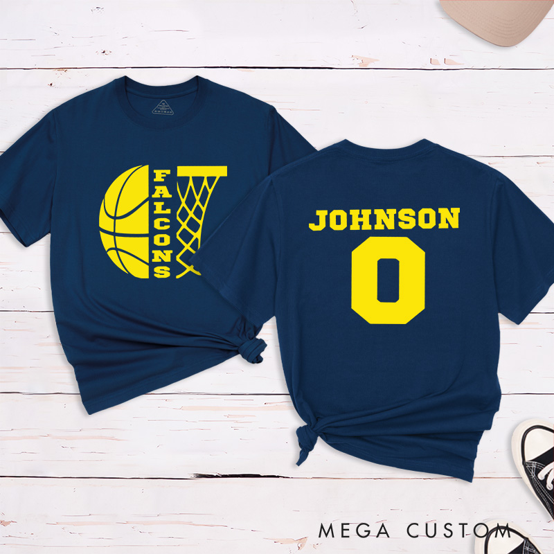 Personalized Basketball T-Shirt with Custom Team Name, Player Name, Number, and Hoop Graphic Design