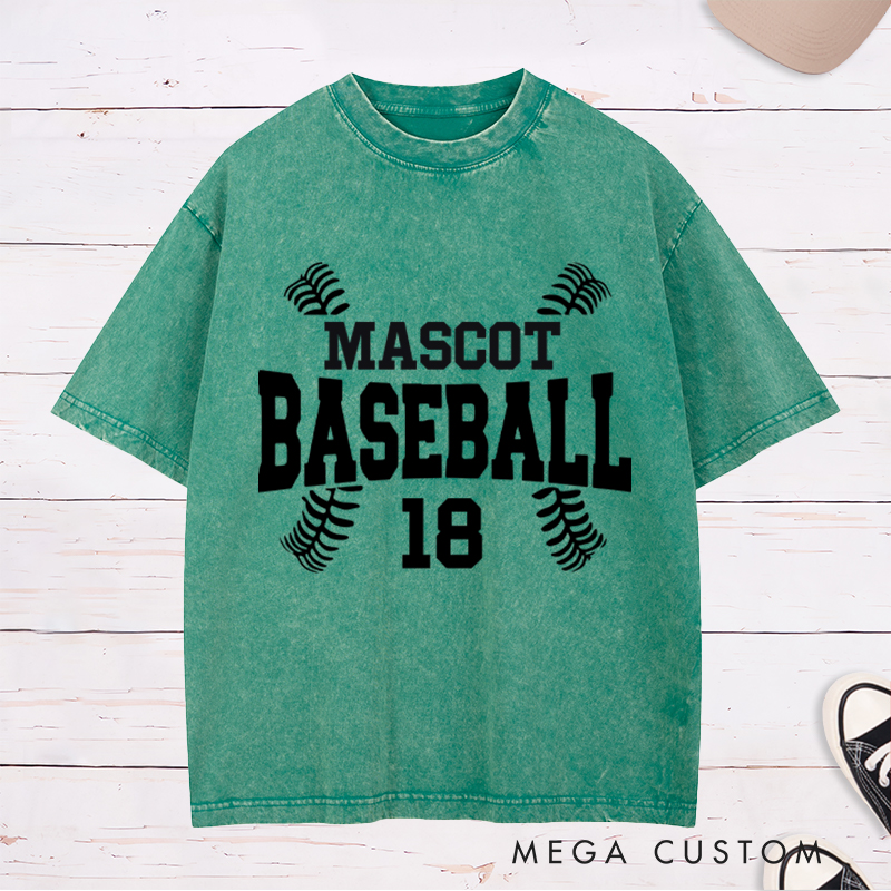 Personalized Baseball Washed T-Shirt Designed with Team Name, Number, and Stylish Stitch Graphics