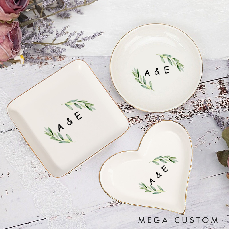 Personalized Watercolor Leafy Branches with Initials Wedding Engagement Gold-Trimmed Ring Dishes