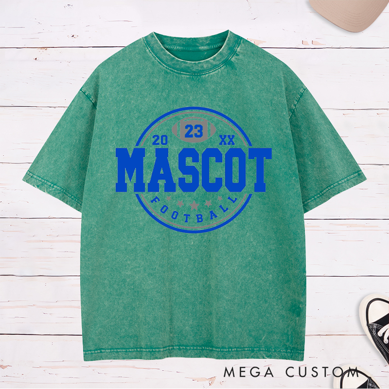 Personalized American Football Washed T-Shirts Featuring Custom Mascot ,Number and Year on the Front