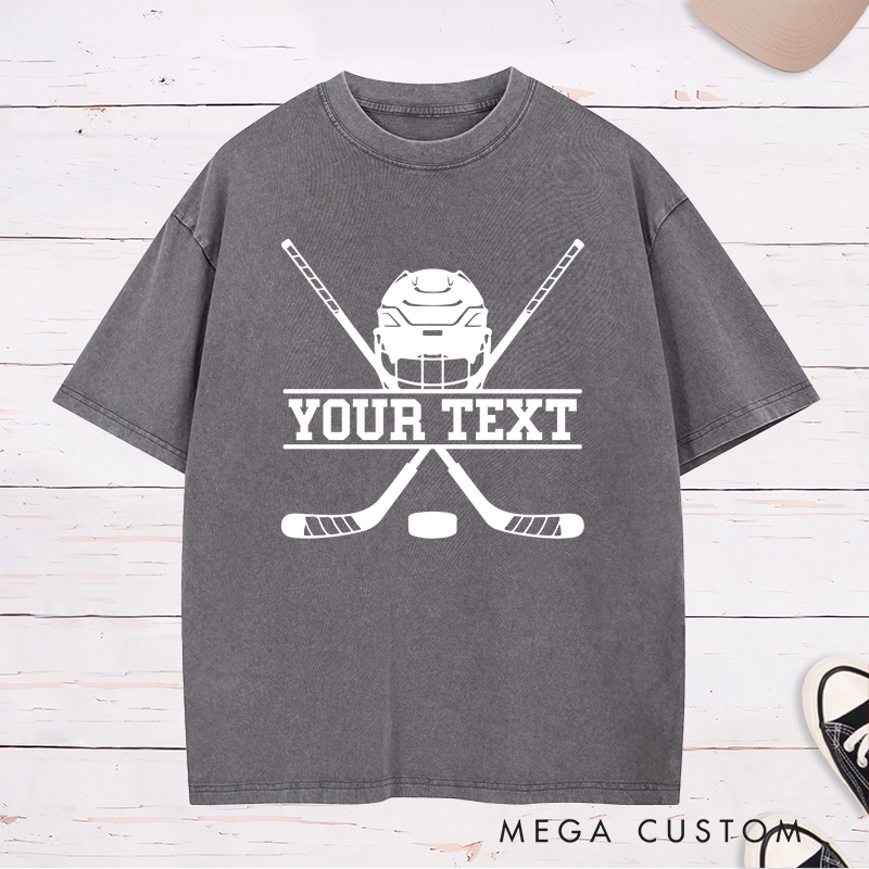 Personalized Hockey Helmet and Sticks Washed T-Shirt with Custom Name 