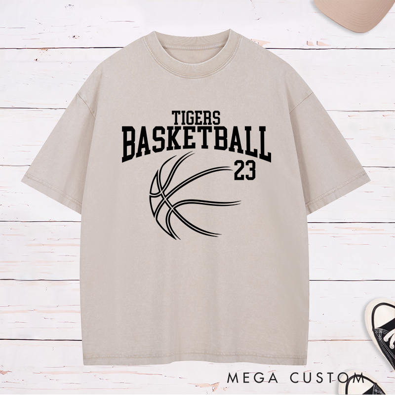 Personalized Washed T-Shirt Design Featuring Custom Team Name and Player Number with Sleek Basketball Graphic in a Bold Arch Layout