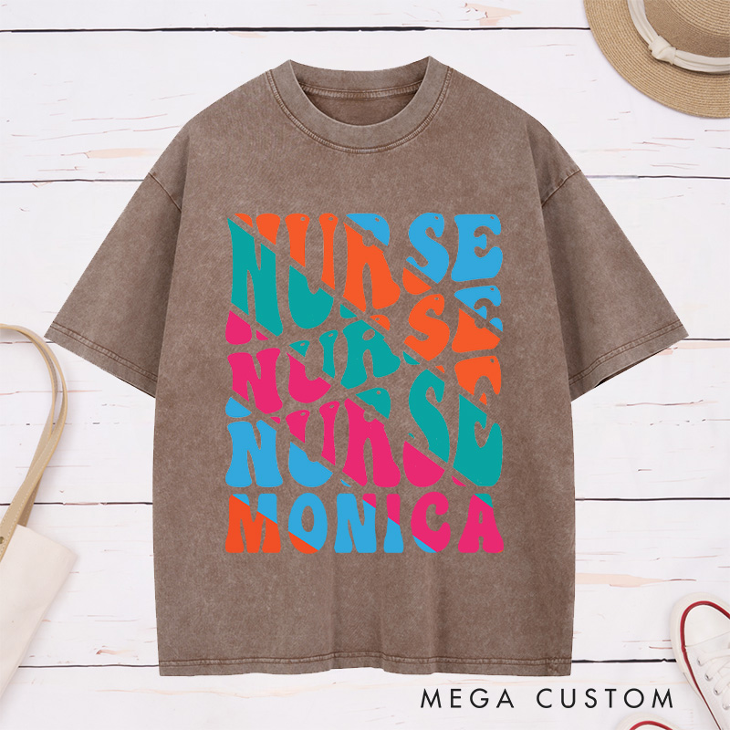 Personalized Nurse Washed T-Shirt Customized Bold Nurse Nurse Design Washed T-Shirt 