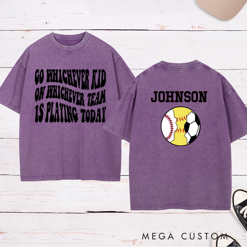 Personalized Sports Washed T-Shirt Featuring Baseball, Soccer, and Softball Graphics with Customizable Back