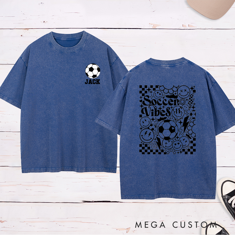 Personalized Soccer Washed T-Shirt with Custom Name and Bold Checkerboard Accents